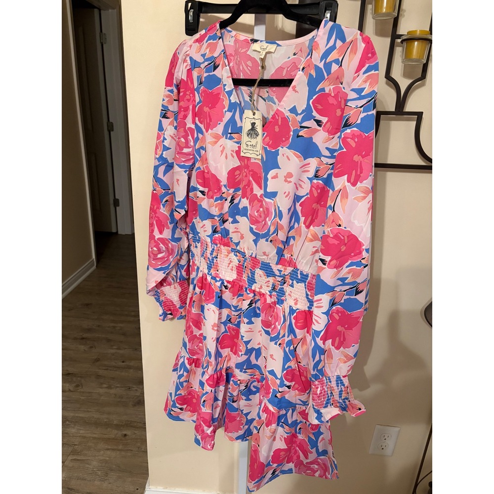 Easel Los Angeles Pink Blue Floral Smocked Waist Ruffle Mini Dress Large NWT